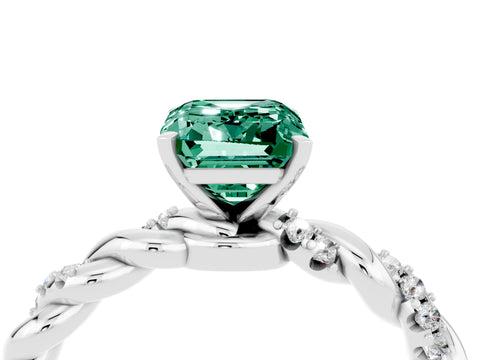 White gold Emerald Cut Green Sapphire Solitaire Ring with Twisted Band and Pavé Accents_4