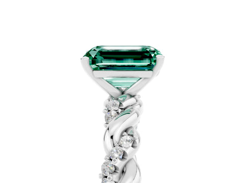 White gold Emerald Cut Green Sapphire Solitaire Ring with Twisted Band and Pavé Accents_5