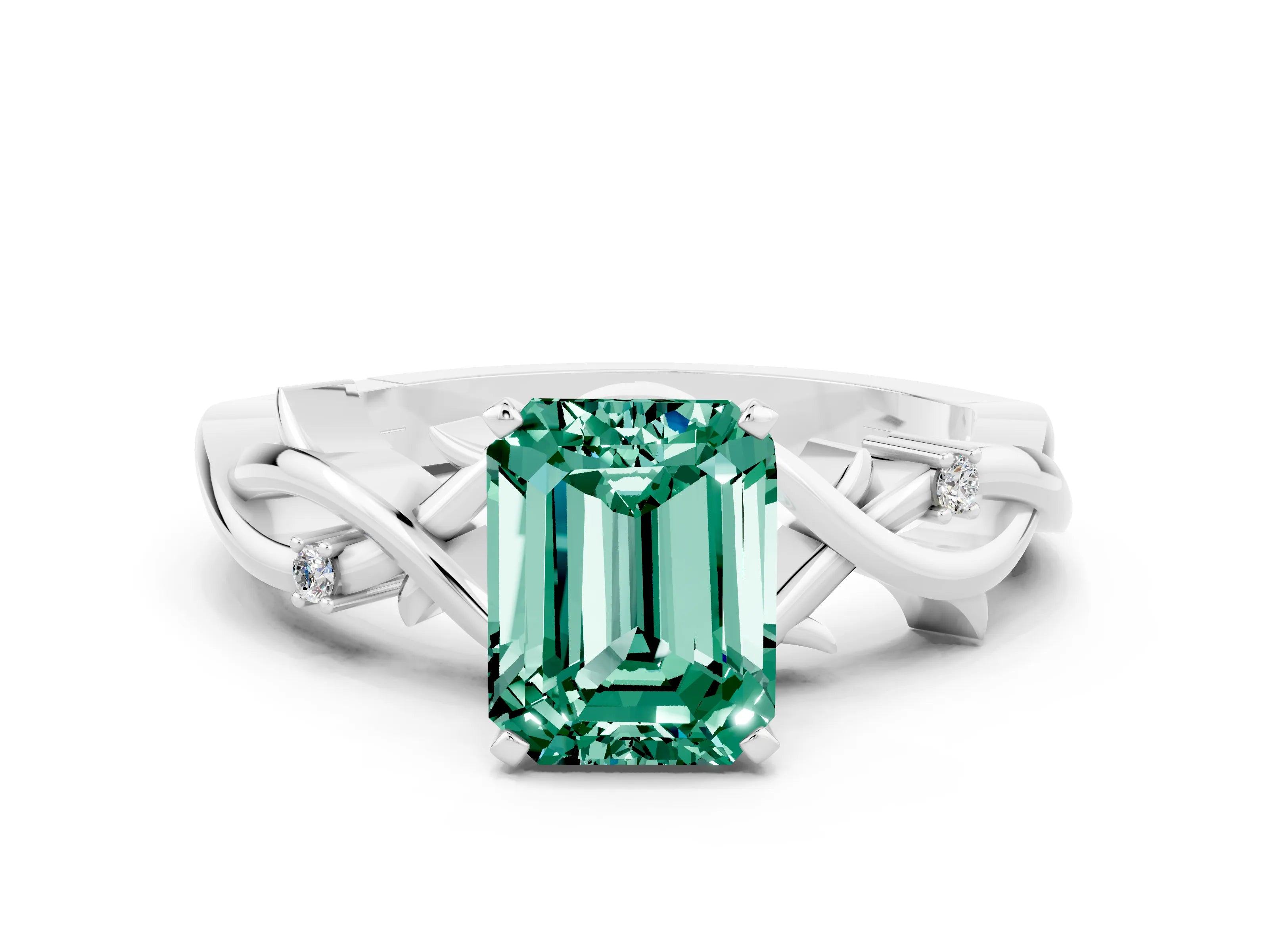 White gold Emerald Cut Green Sapphire Solitaire Ring with Twisted Band and Prong Setting
