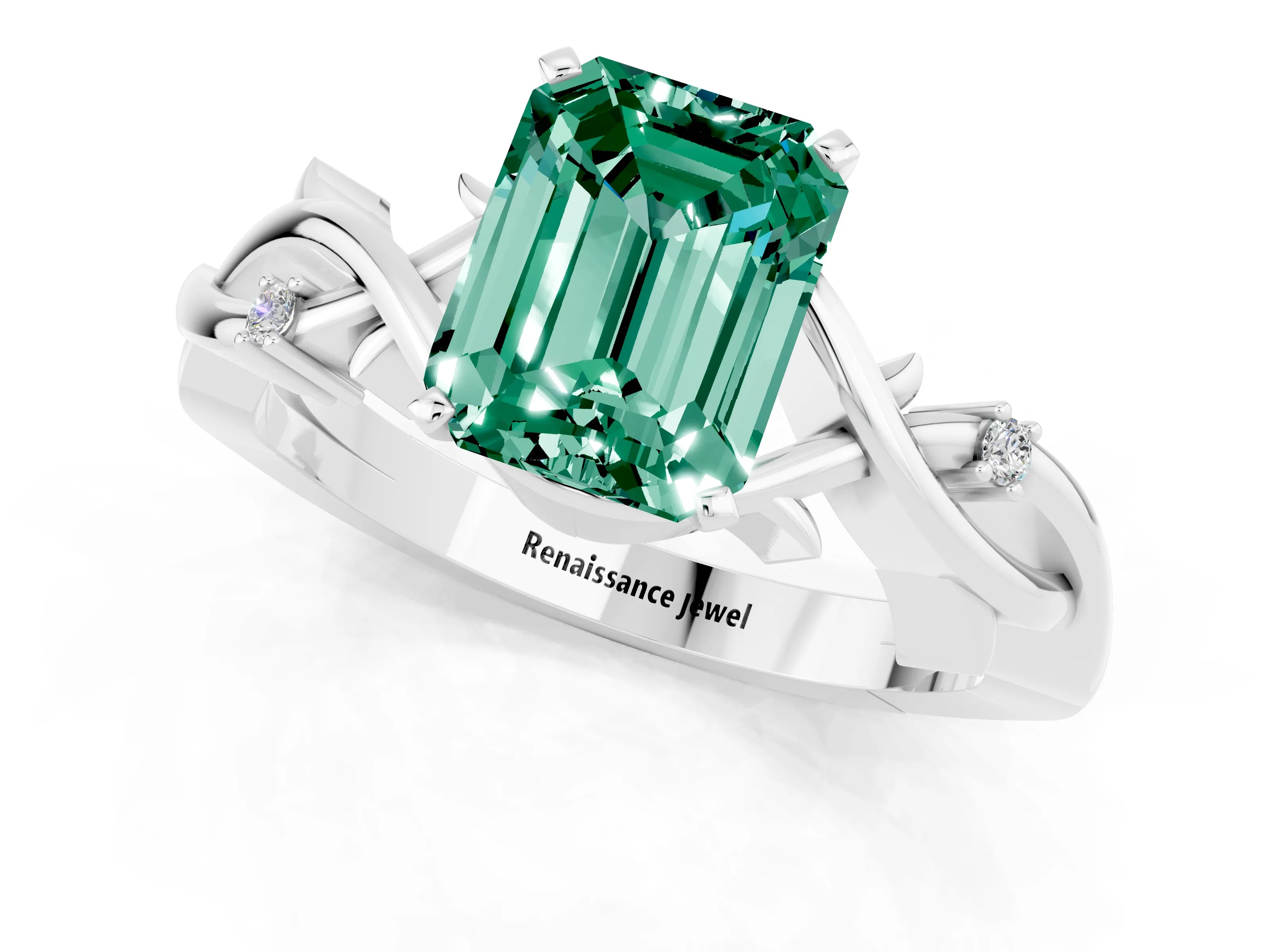 White gold Emerald Cut Green Sapphire Solitaire Ring with Twisted Band and Prong Setting_13