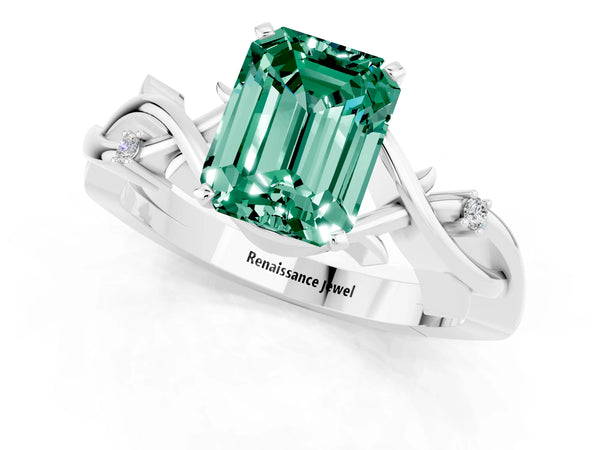 White gold Emerald Cut Green Sapphire Solitaire Ring with Twisted Band and Prong Setting