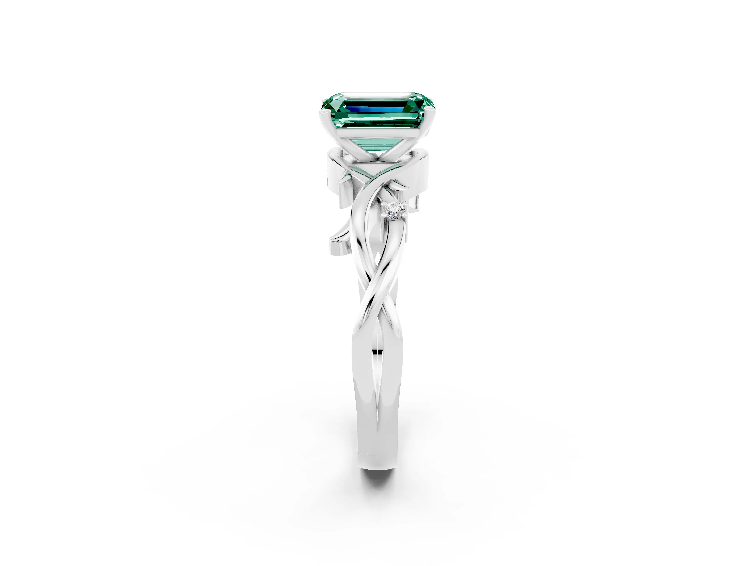 White gold Emerald Cut Green Sapphire Solitaire Ring with Twisted Band and Prong Setting_14