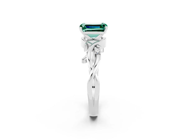 White gold Emerald Cut Green Sapphire Solitaire Ring with Twisted Band and Prong Setting