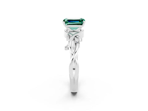 White gold Emerald Cut Green Sapphire Solitaire Ring with Twisted Band and Prong Setting_2
