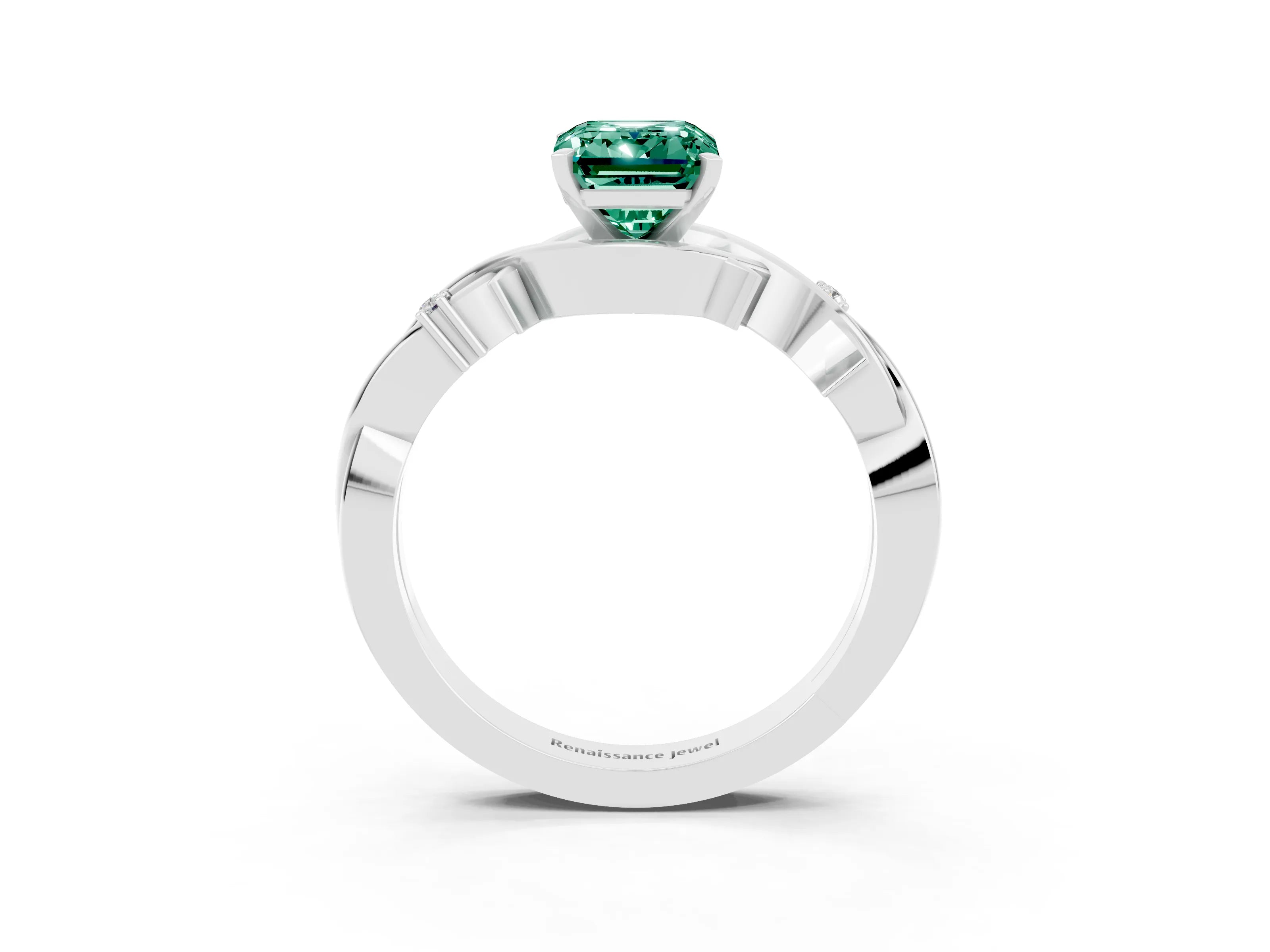 White gold Emerald Cut Green Sapphire Solitaire Ring with Twisted Band and Prong Setting_3
