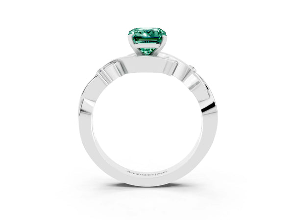 Platinum Emerald Cut Green Sapphire Solitaire Ring with Twisted Band and Prong Setting