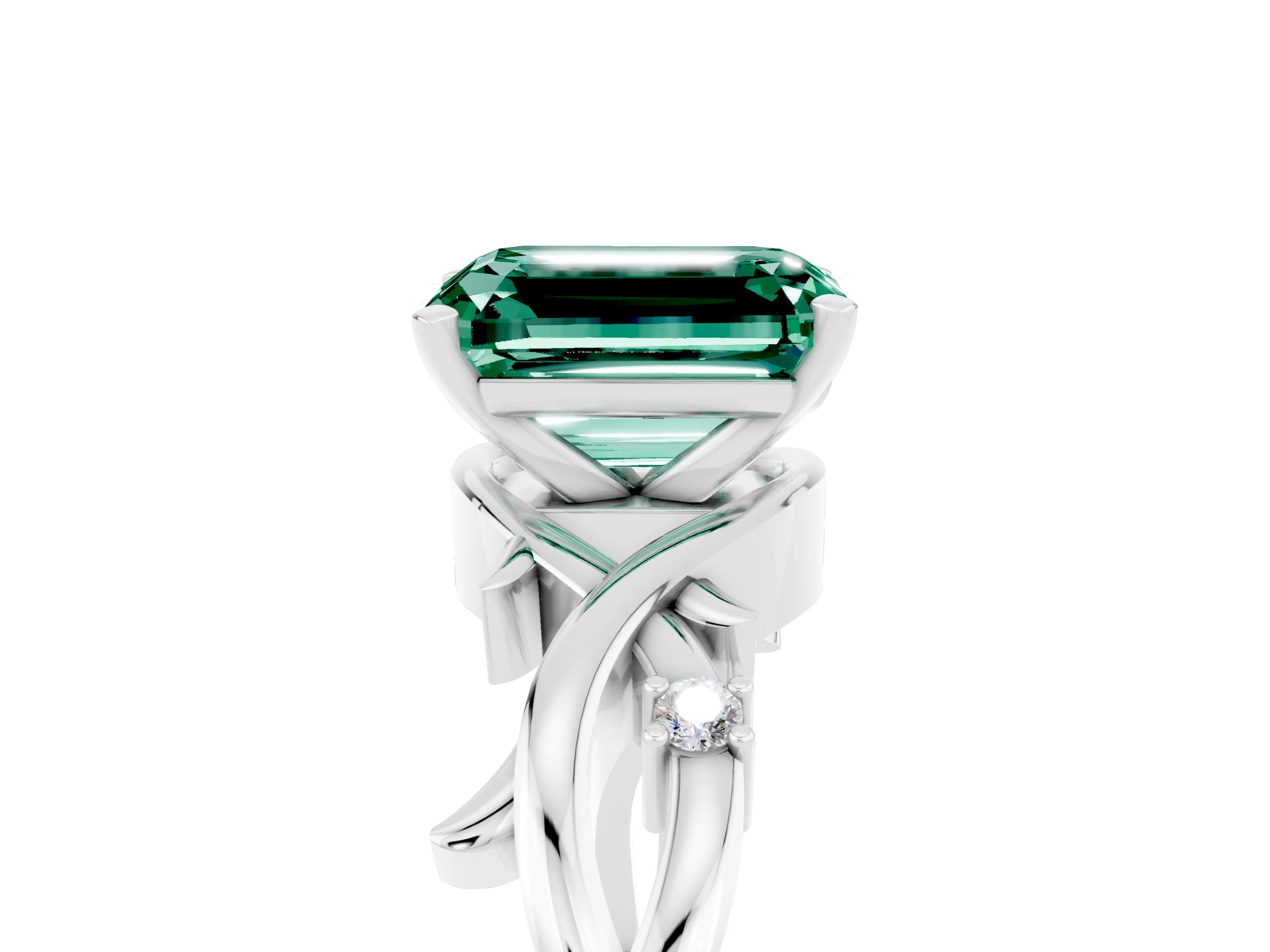 White gold Emerald Cut Green Sapphire Solitaire Ring with Twisted Band and Prong Setting_5