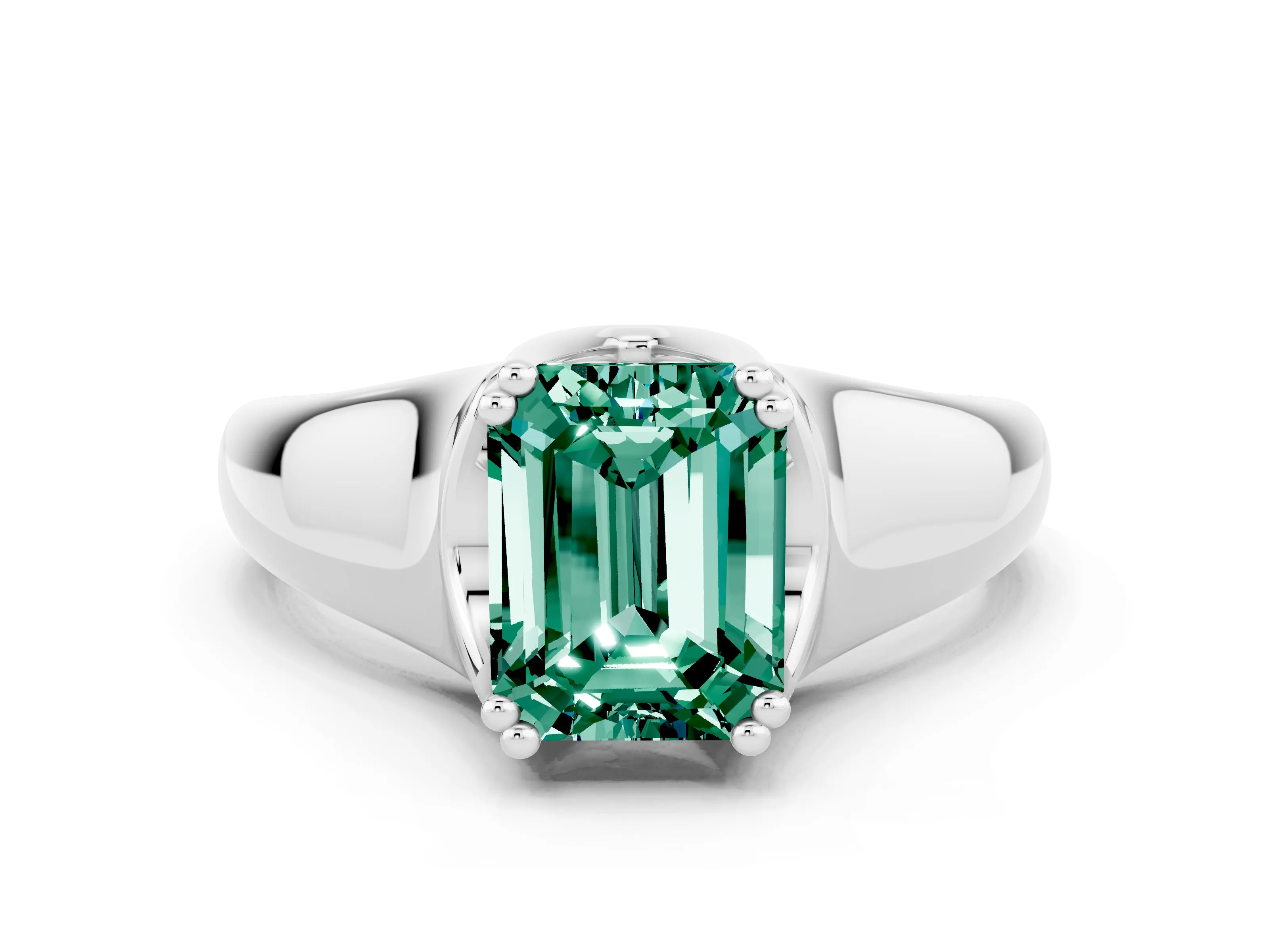 White gold Emerald Cut Green Sapphire Solitaire Ring with Wide Band and Prong Setting