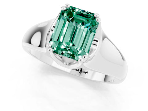 White gold Emerald Cut Green Sapphire Solitaire Ring with Wide Band and Prong Setting_1