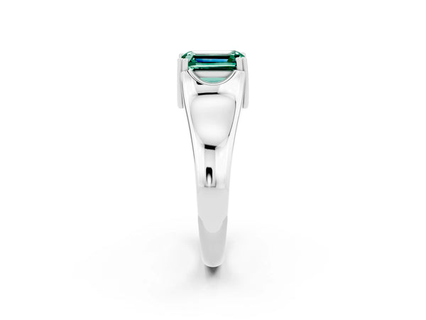 White gold Emerald Cut Green Sapphire Solitaire Ring with Wide Band and Prong Setting