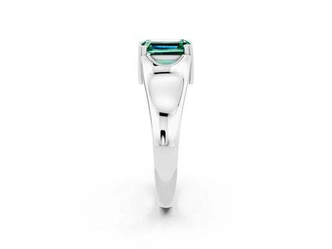 White gold Emerald Cut Green Sapphire Solitaire Ring with Wide Band and Prong Setting_2