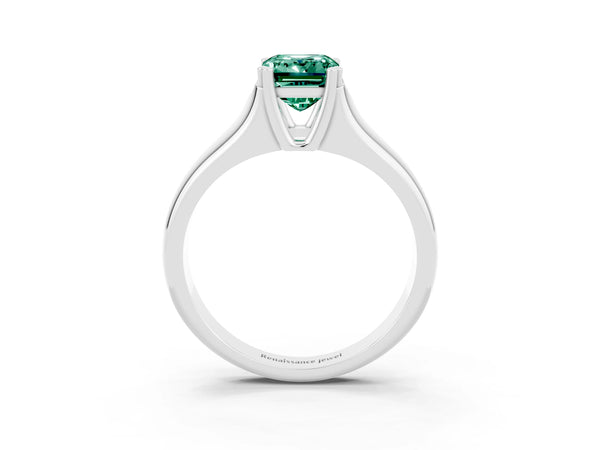 Silver Emerald Cut Green Sapphire Solitaire Ring with Wide Band and Prong Setting