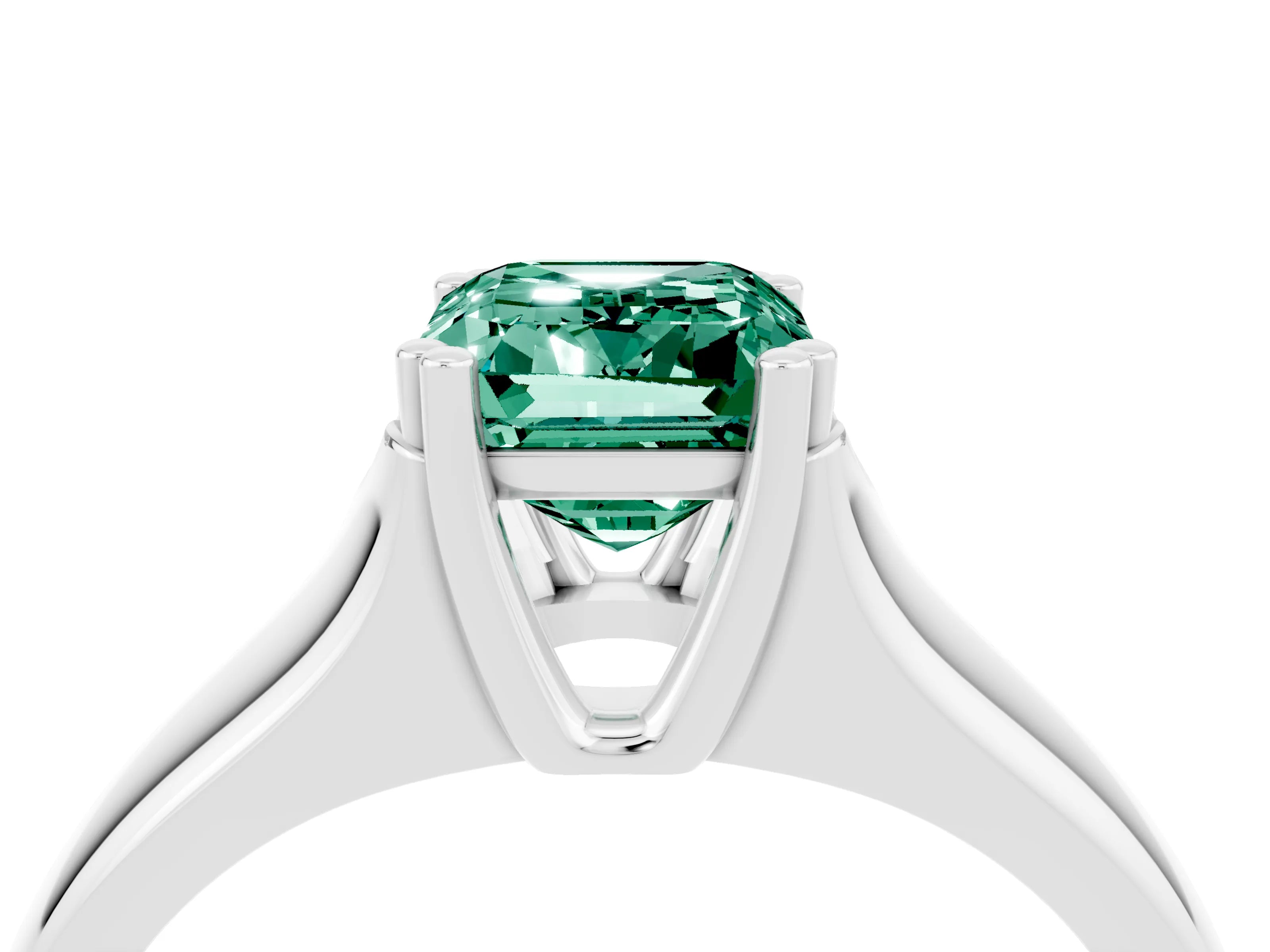 White gold Emerald Cut Green Sapphire Solitaire Ring with Wide Band and Prong Setting_4