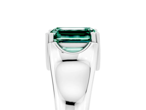 White gold Emerald Cut Green Sapphire Solitaire Ring with Wide Band and Prong Setting_5