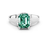 White gold Emerald Cut Green Sapphire Solitaire Ring with Wide Band and Prong Setting