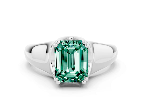 Silver Emerald Cut Green Sapphire Solitaire Ring with Wide Band and Prong Setting