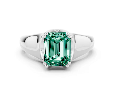White gold Emerald Cut Green Sapphire Solitaire Ring with Wide Band and Prong Setting