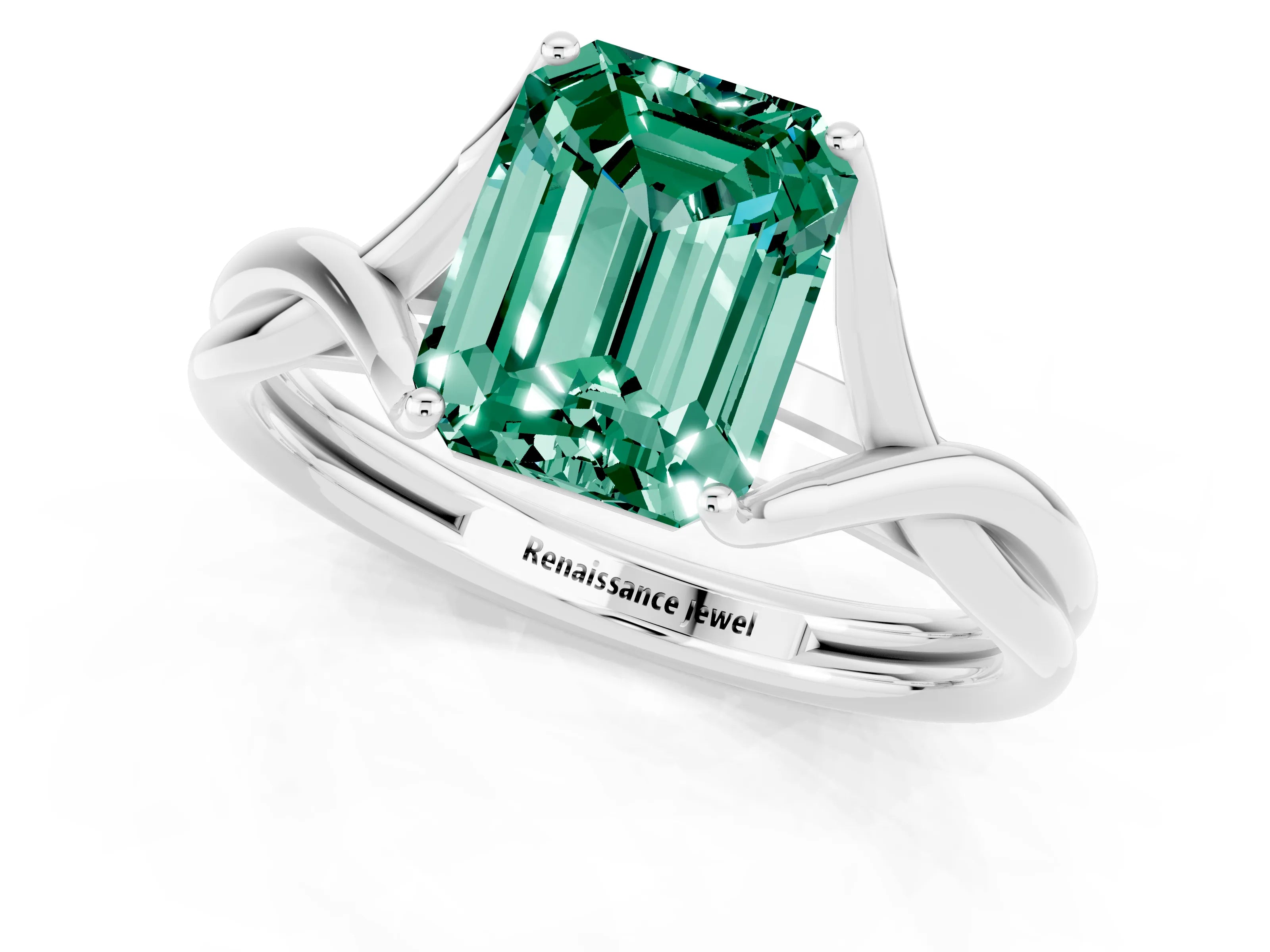 White gold Emerald Cut Green Sapphire Solitaire Twist Band Prong Setting Ring_37