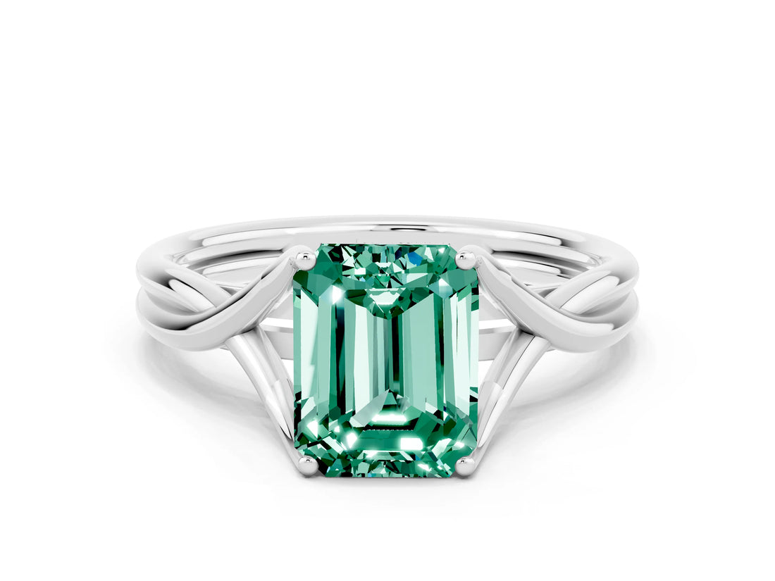 White gold Emerald Cut Green Sapphire Solitaire Twist Band Prong Setting Ring_48