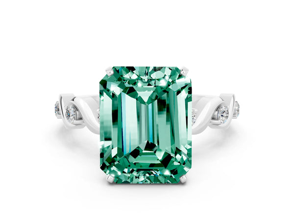Platinum Emerald Cut Green Sapphire Solitaire Twisted Band with Round  Accents and Prong Setting