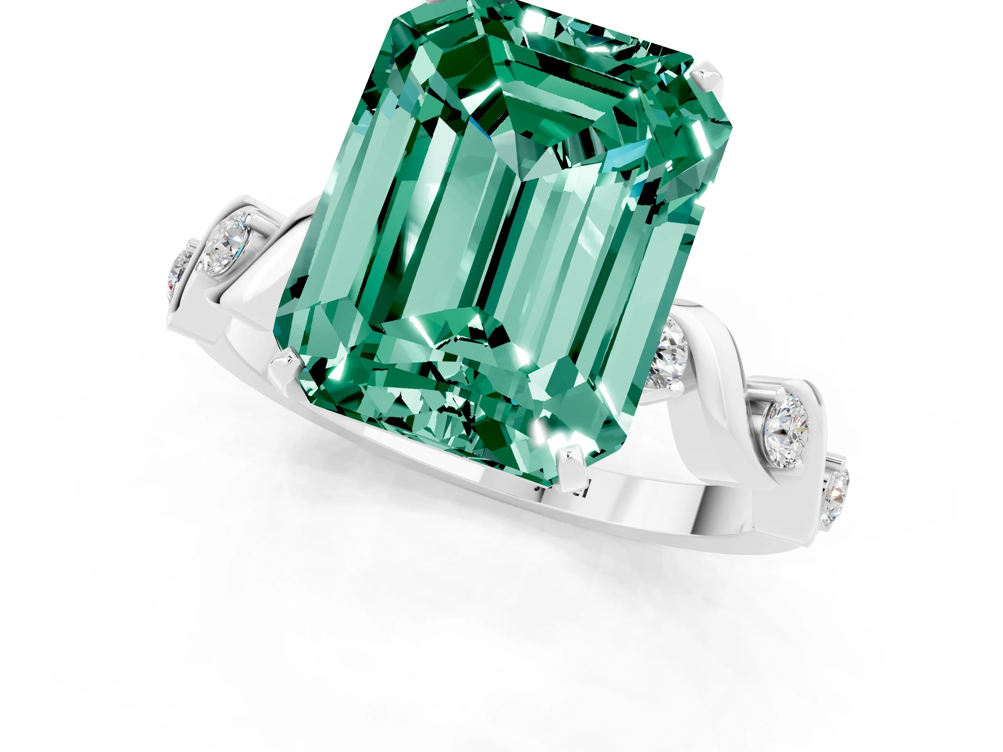 White gold Emerald Cut Green Sapphire Solitaire Twisted Band with Round  Accents and Prong Setting_13