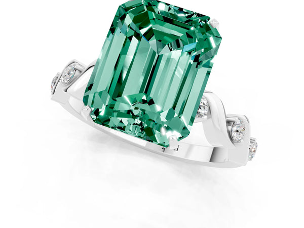 Silver Emerald Cut Green Sapphire Solitaire Twisted Band with Round  Accents and Prong Setting