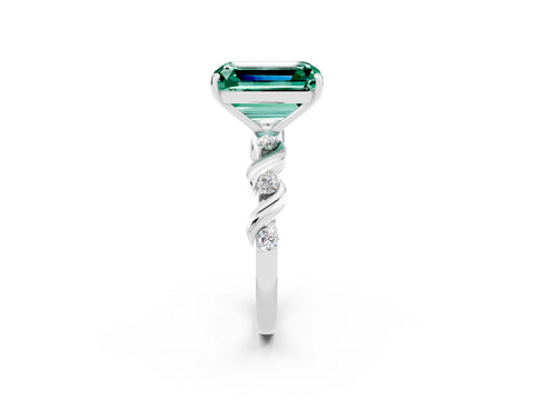 White gold Emerald Cut Green Sapphire Solitaire Twisted Band with Round  Accents and Prong Setting_14