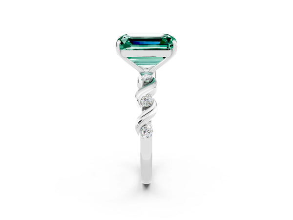Silver Emerald Cut Green Sapphire Solitaire Twisted Band with Round  Accents and Prong Setting