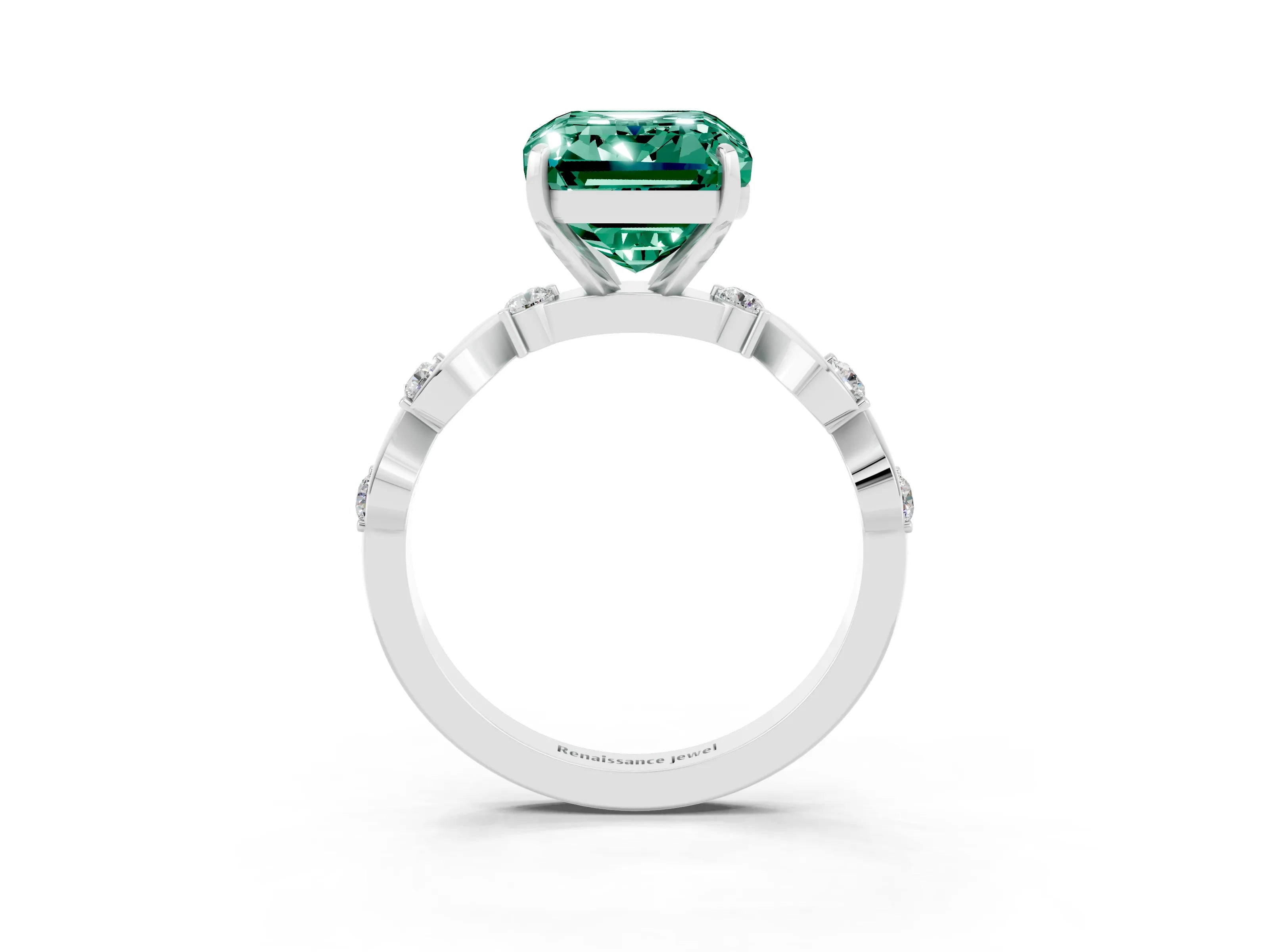 White gold Emerald Cut Green Sapphire Solitaire Twisted Band with Round  Accents and Prong Setting_15