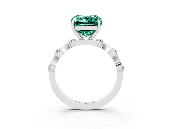 White gold Emerald Cut Green Sapphire Solitaire Twisted Band with Round  Accents and Prong Setting