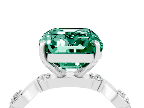 White gold Emerald Cut Green Sapphire Solitaire Twisted Band with Round  Accents and Prong Setting_16