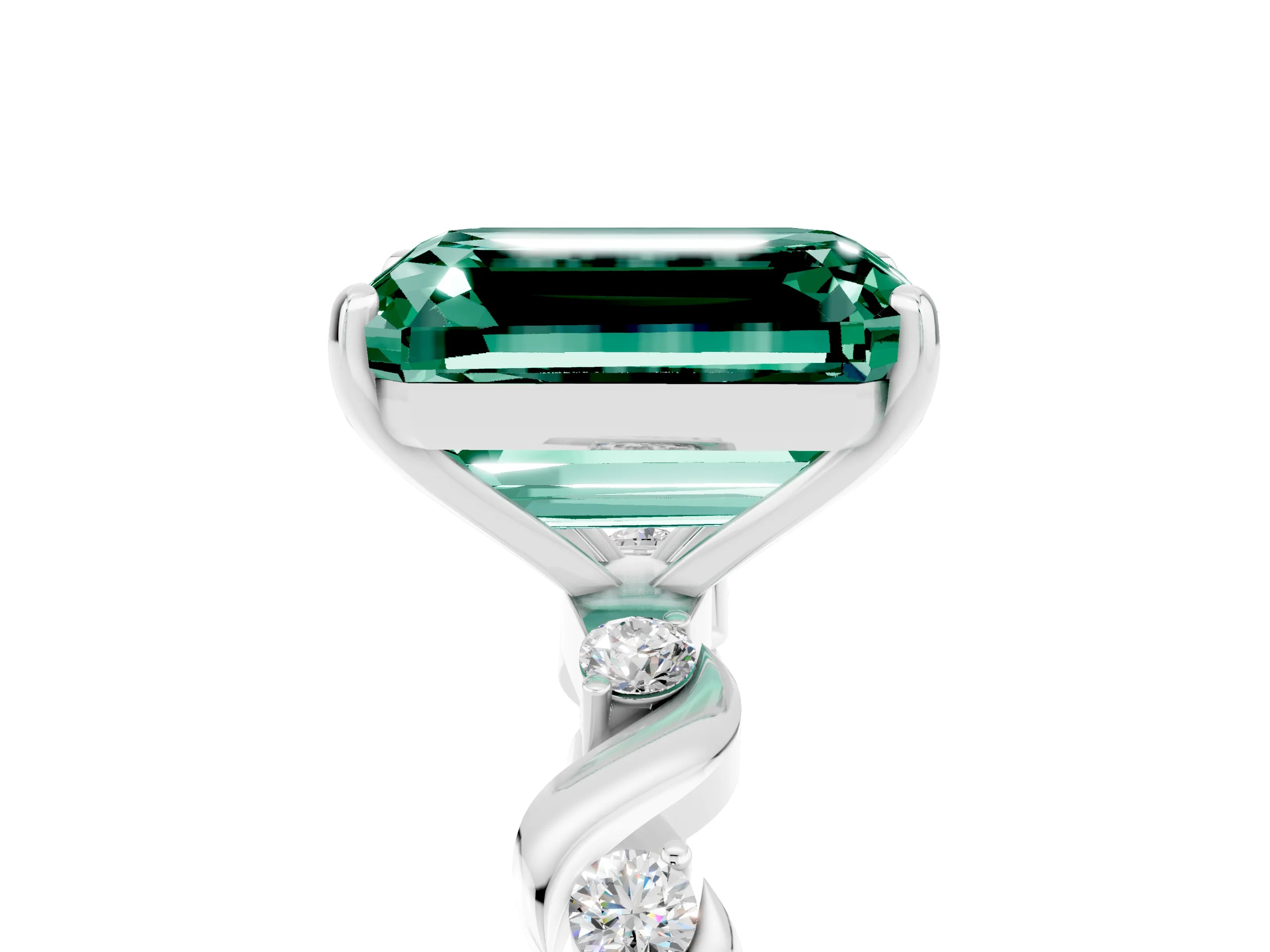 White gold Emerald Cut Green Sapphire Solitaire Twisted Band with Round  Accents and Prong Setting_17