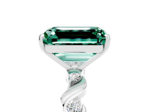 White gold Emerald Cut Green Sapphire Solitaire Twisted Band with Round  Accents and Prong Setting_17
