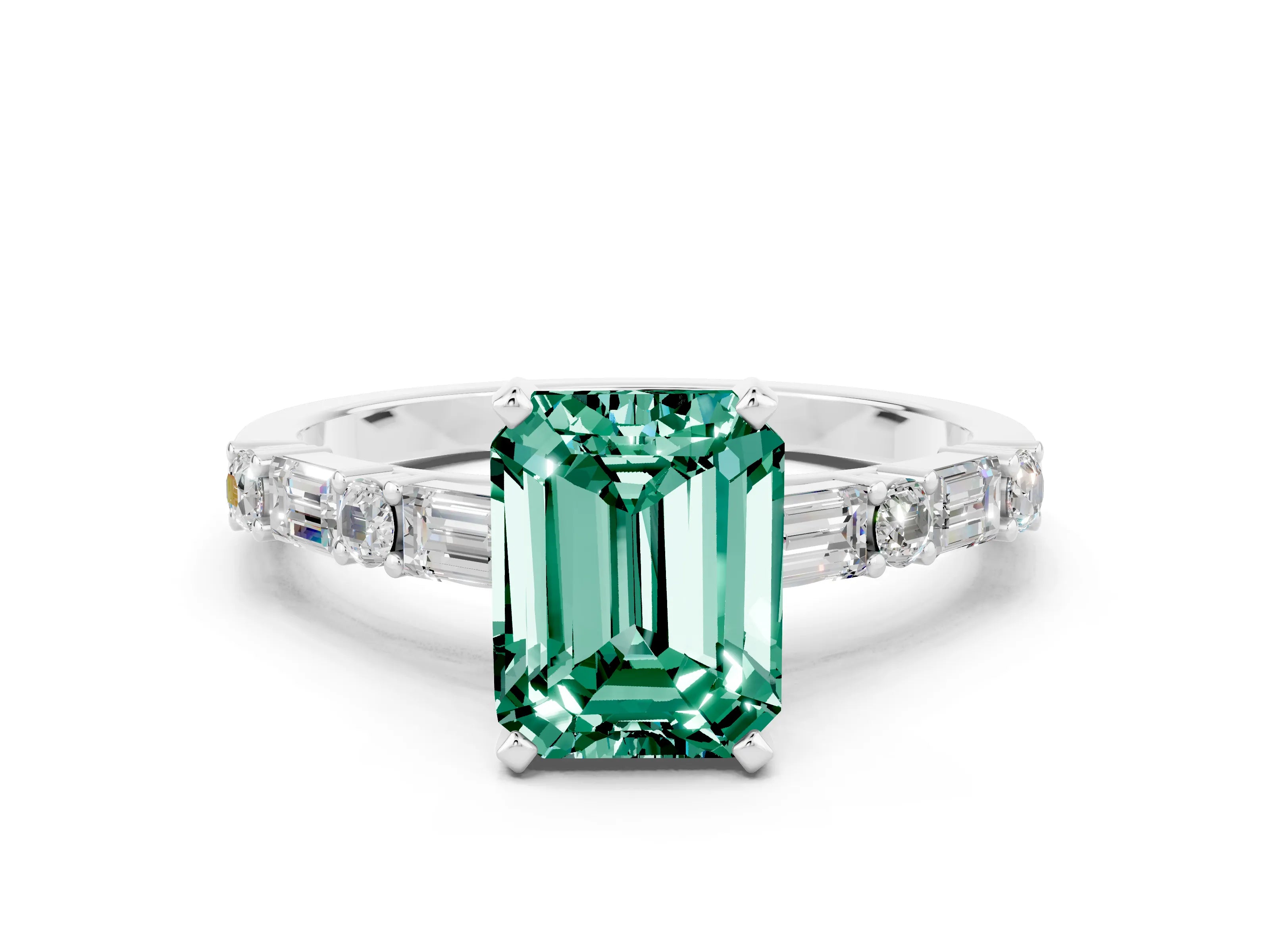 White gold Emerald Cut Green Sapphire Solitaire with Side Baguettes and Channel Set Band