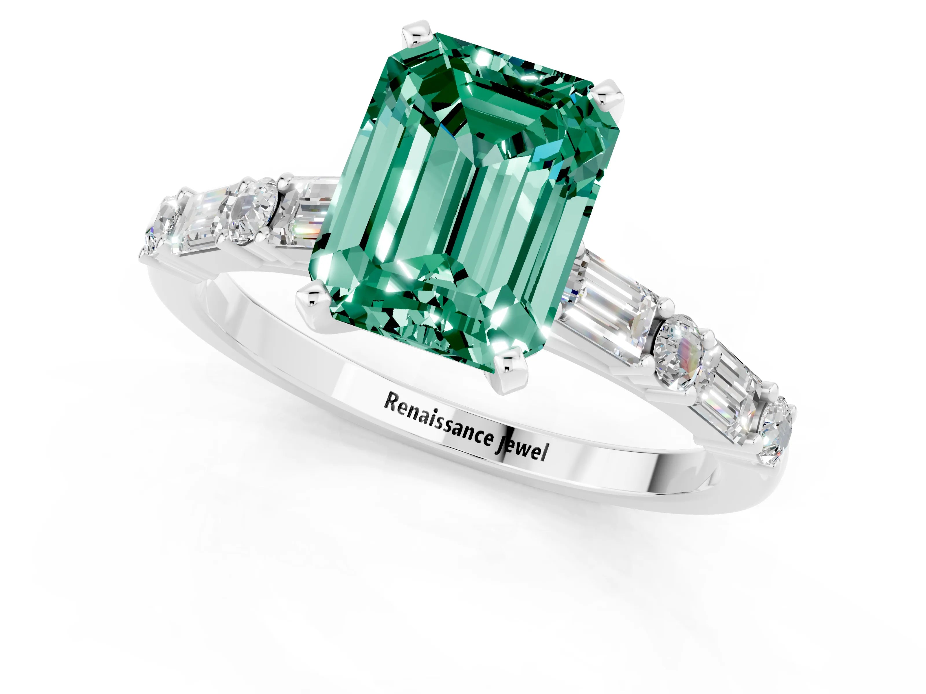White gold Emerald Cut Green Sapphire Solitaire with Side Baguettes and Channel Set Band_1