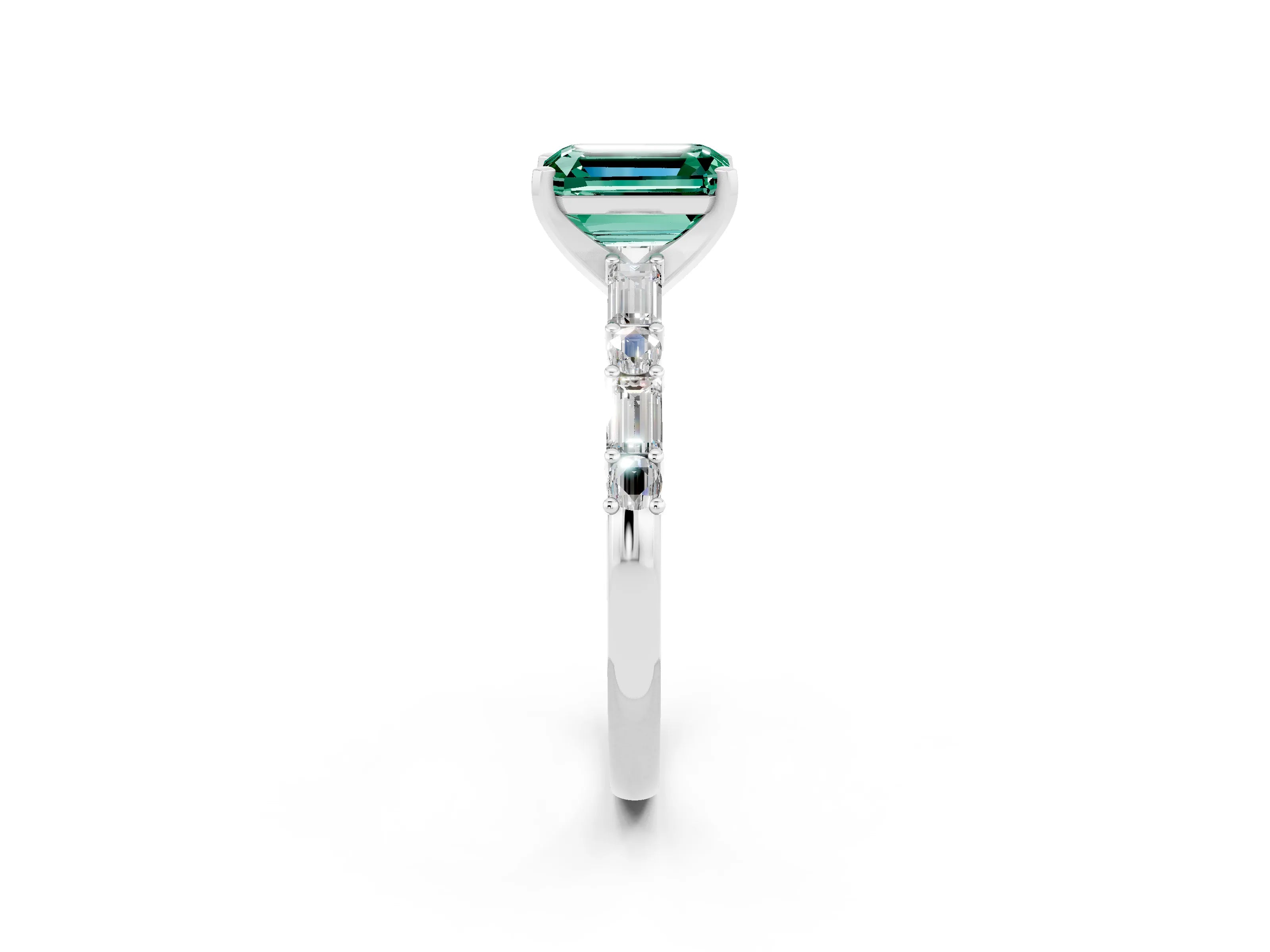 White gold Emerald Cut Green Sapphire Solitaire with Side Baguettes and Channel Set Band_2