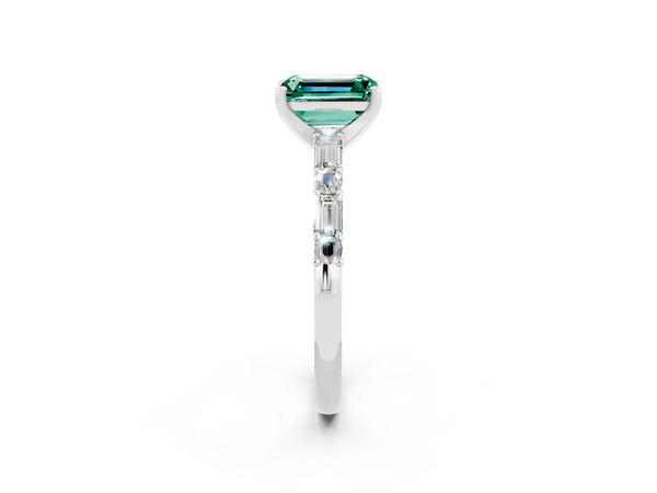 White gold Emerald Cut Green Sapphire Solitaire with Side Baguettes and Channel Set Band