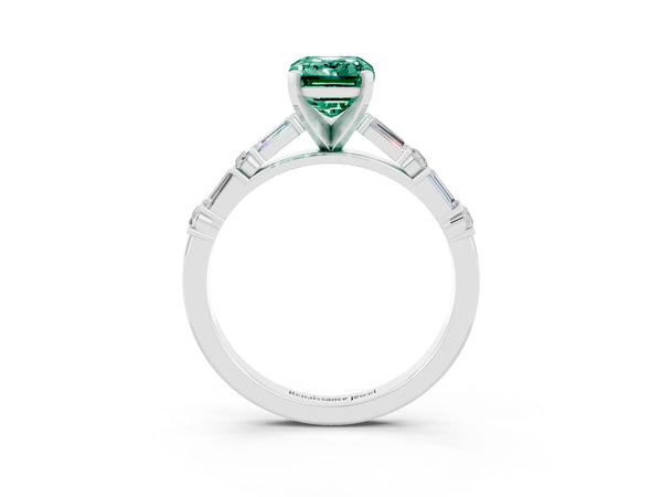 Silver Emerald Cut Green Sapphire Solitaire with Side Baguettes and Channel Set Band