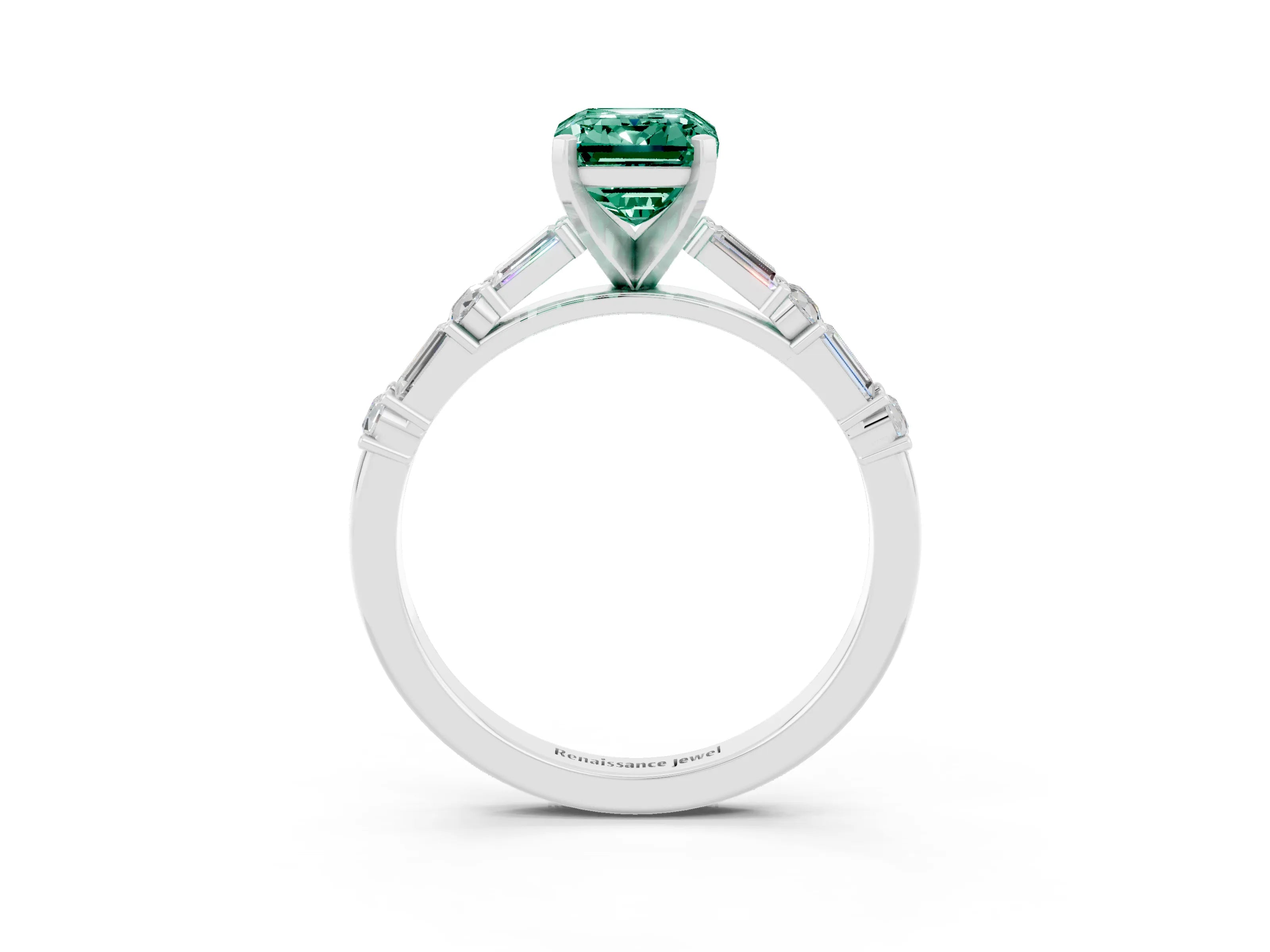 White gold Emerald Cut Green Sapphire Solitaire with Side Baguettes and Channel Set Band_3