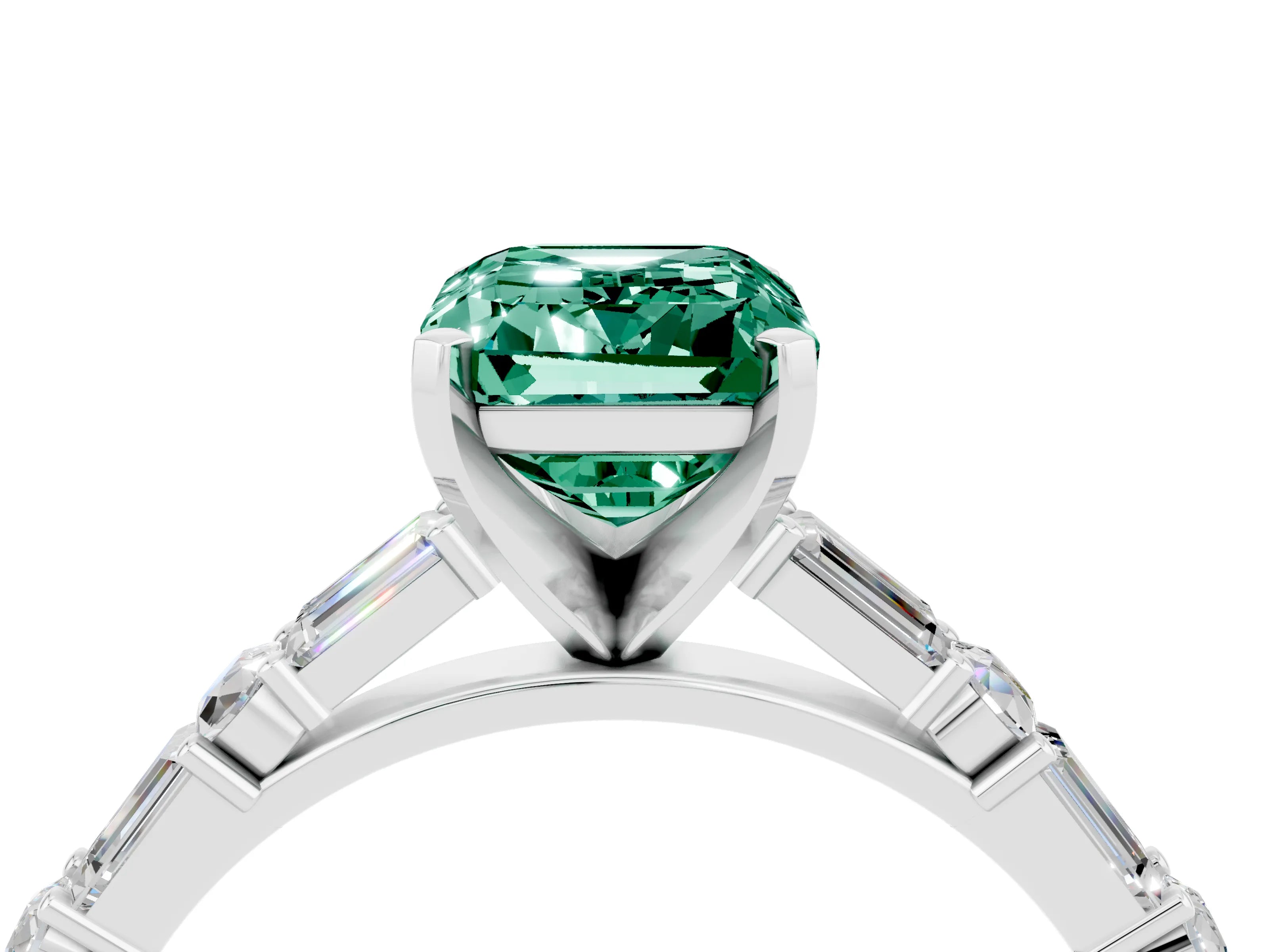White gold Emerald Cut Green Sapphire Solitaire with Side Baguettes and Channel Set Band_4