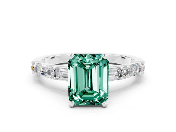 Silver Emerald Cut Green Sapphire Solitaire with Side Baguettes and Channel Set Band