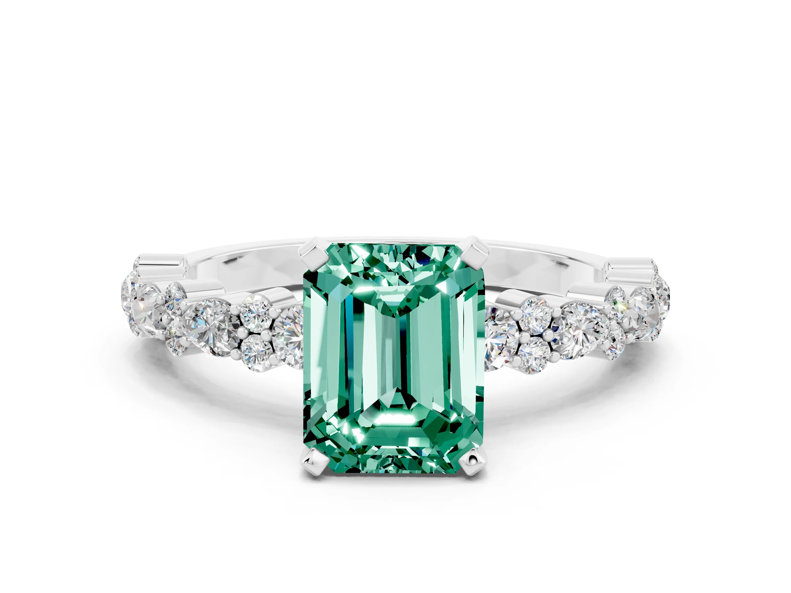 White gold Emerald Cut Green Sapphire Solitaire with Side Stones, Pave Band, Four-Prong Setting_48