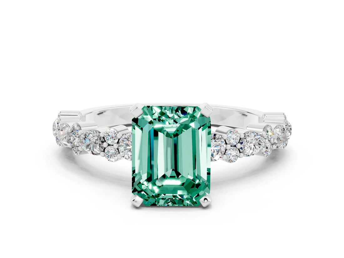 White gold Emerald Cut Green Sapphire Solitaire with Side Stones, Pave Band, Four-Prong Setting_48