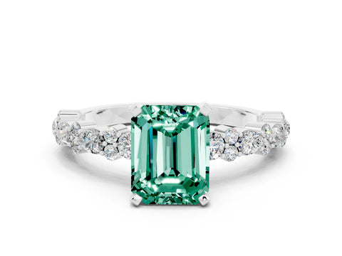 White gold Emerald Cut Green Sapphire Solitaire with Side Stones, Pave Band, Four-Prong Setting_48