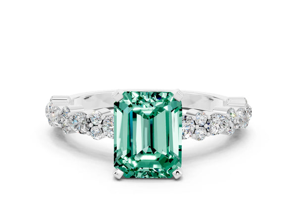 White gold Emerald Cut Green Sapphire Side Stone Solitaire Ring with Round  and Four-Prong Setting