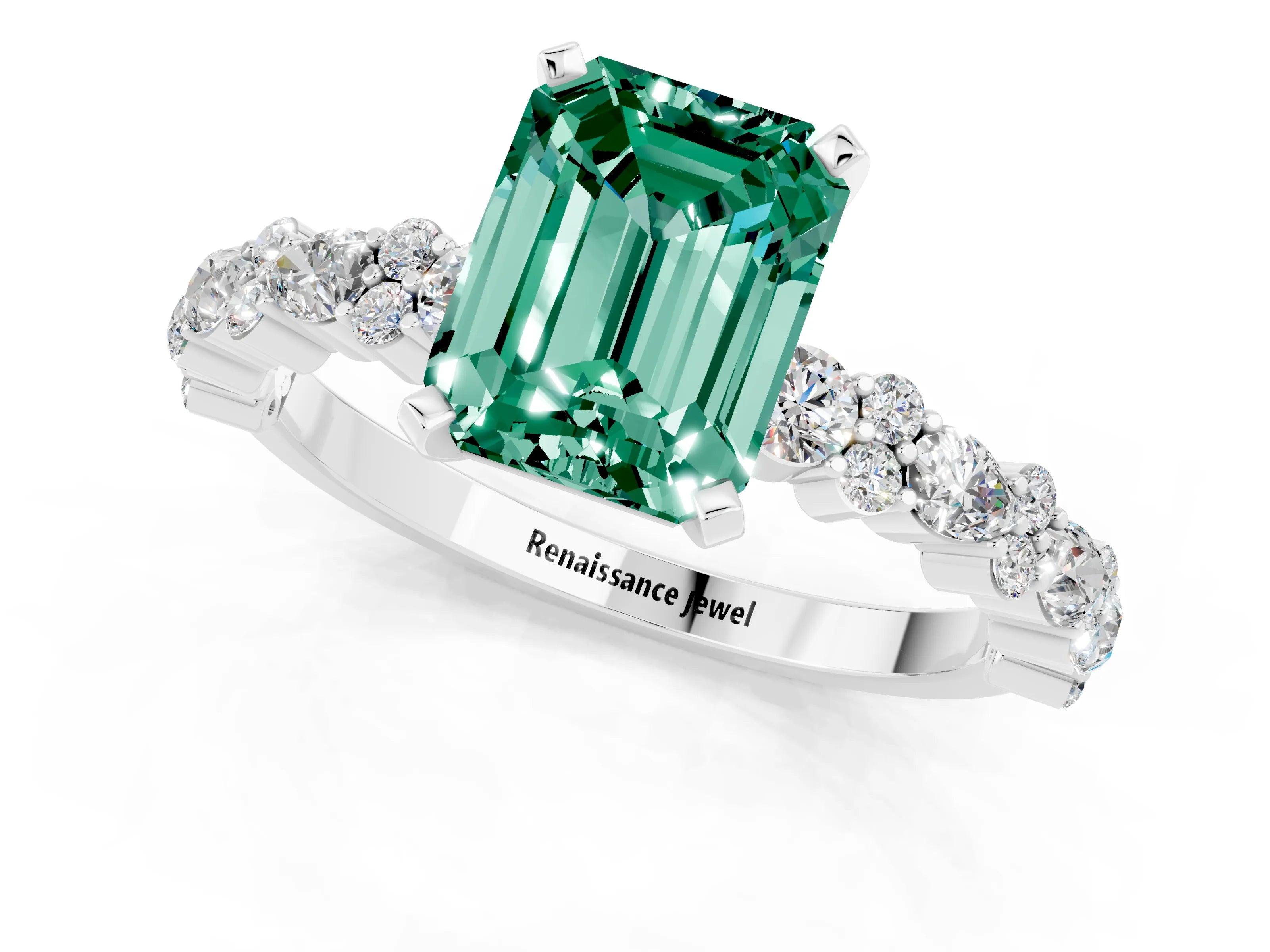 White gold Emerald Cut Green Sapphire Solitaire with Side Stones, Pave Band, Four-Prong Setting_49