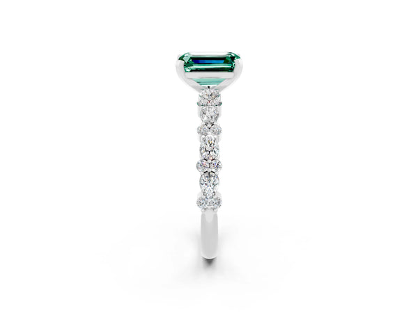White gold Emerald Cut Green Sapphire Side Stone Solitaire Ring with Round  and Four-Prong Setting