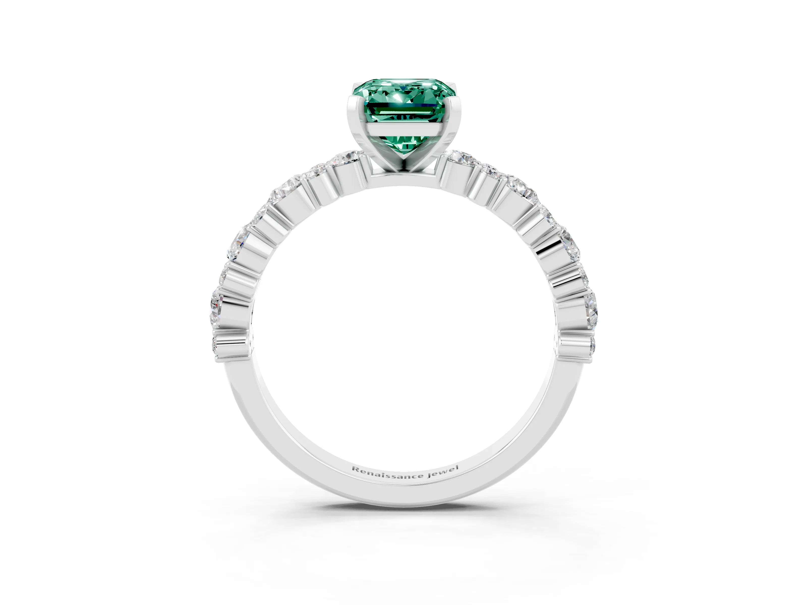 White gold Emerald Cut Green Sapphire Solitaire with Side Stones, Pave Band, Four-Prong Setting_51