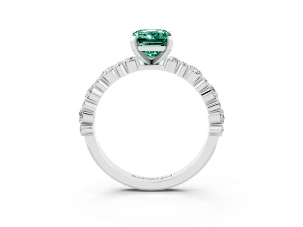 Silver Emerald Cut Green Sapphire Side Stone Solitaire Ring with Round  and Four-Prong Setting