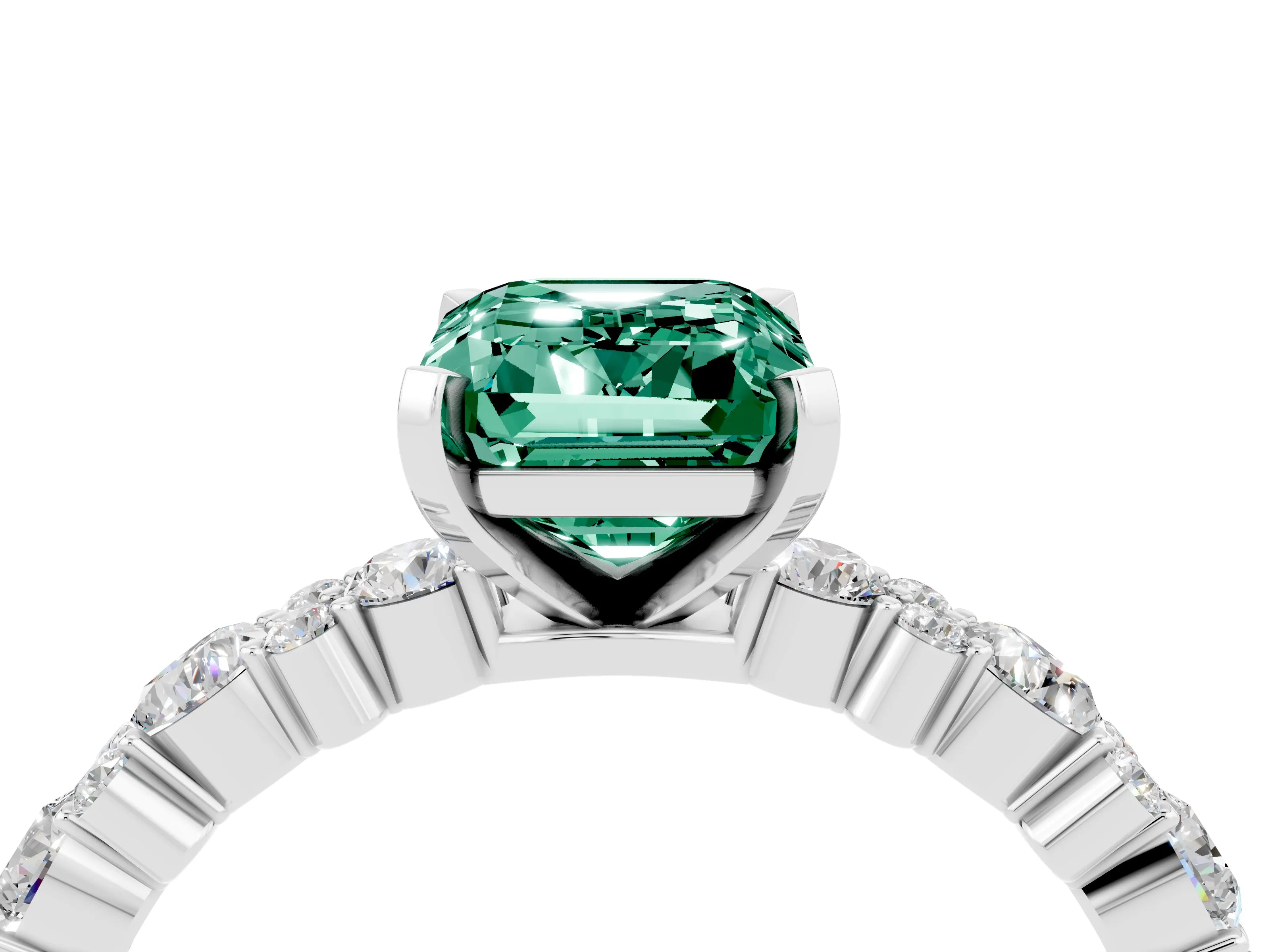 White gold Emerald Cut Green Sapphire Solitaire with Side Stones, Pave Band, Four-Prong Setting_52
